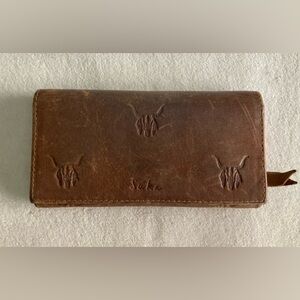 WESTERN, unique rustic style brown Suka wallet with cow skulls and feathers